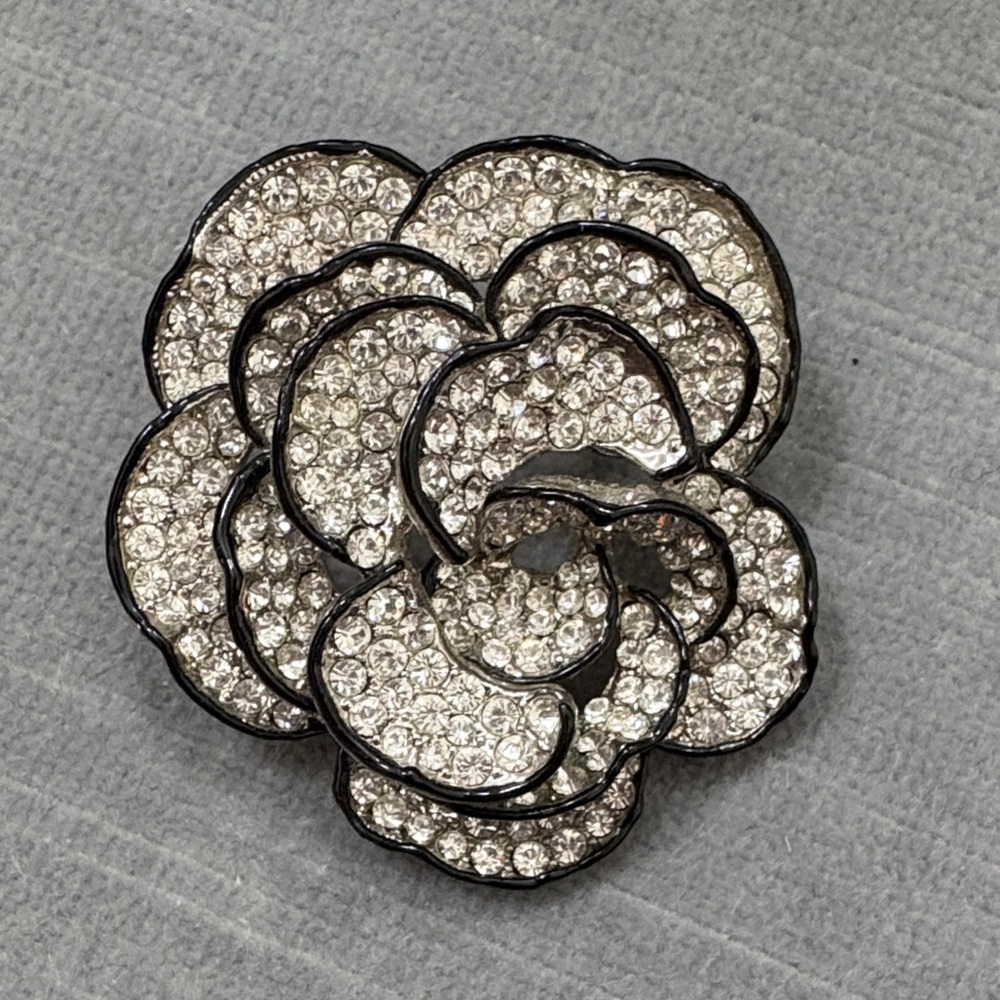 Crystal Pave Floral Brooch - Silver Tone